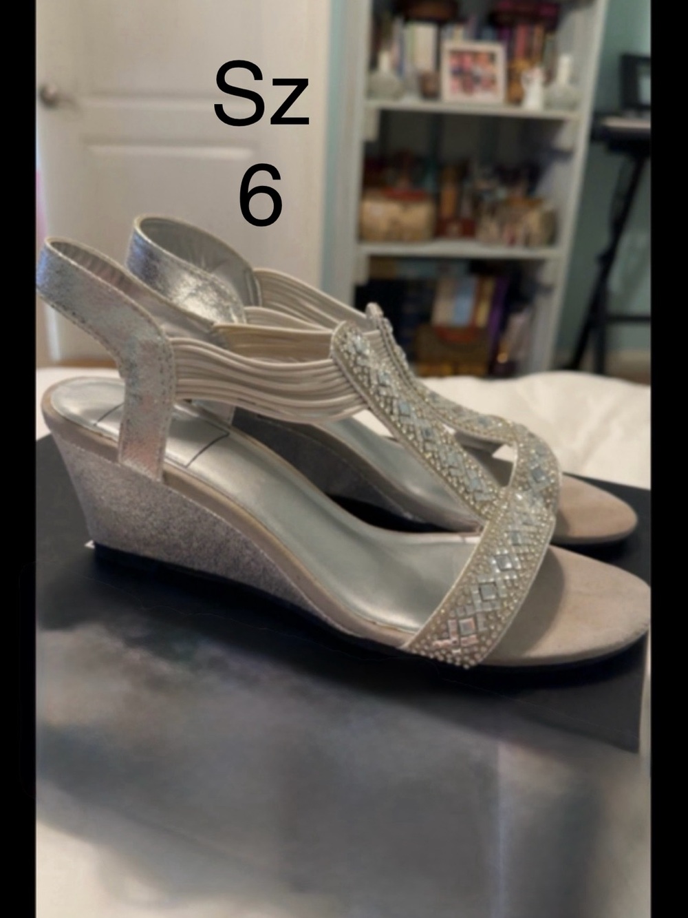 New York Transit Silver Crystal Slingback Wedge Sandals
